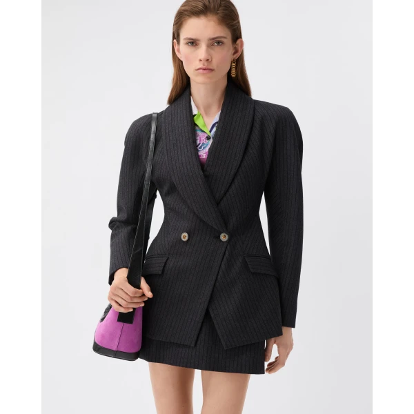 Versace Pinstripe Wool Twill Jacket in Grey, view 2 | Jackets