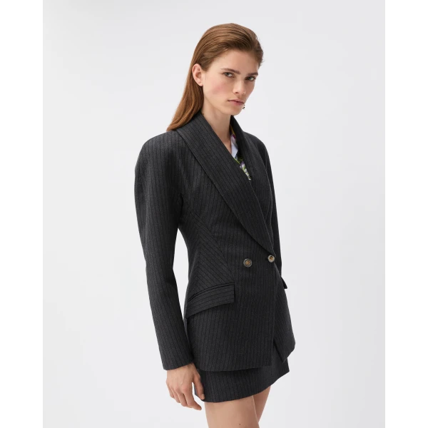 Versace Pinstripe Wool Twill Jacket in Grey, view 4 | Jackets