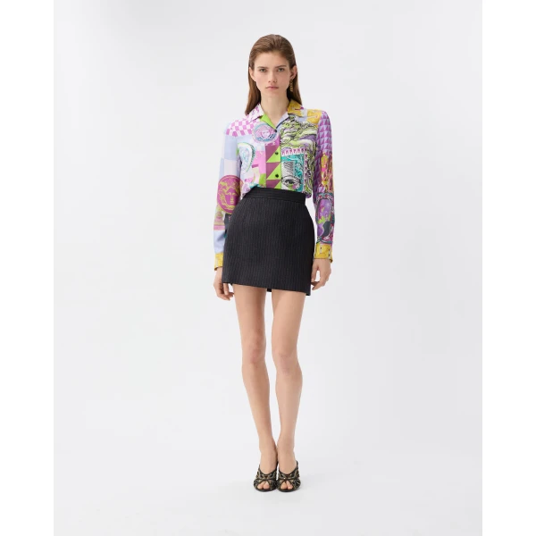 Versace Pinstripe Wool Twill Mini Skirt in Grey, view 2 | Mini Skirts