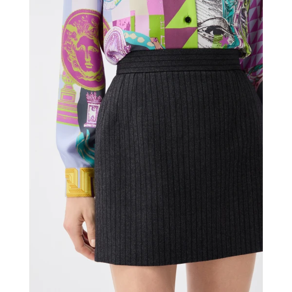 Versace Pinstripe Wool Twill Mini Skirt in Grey, view 5 | Mini Skirts
