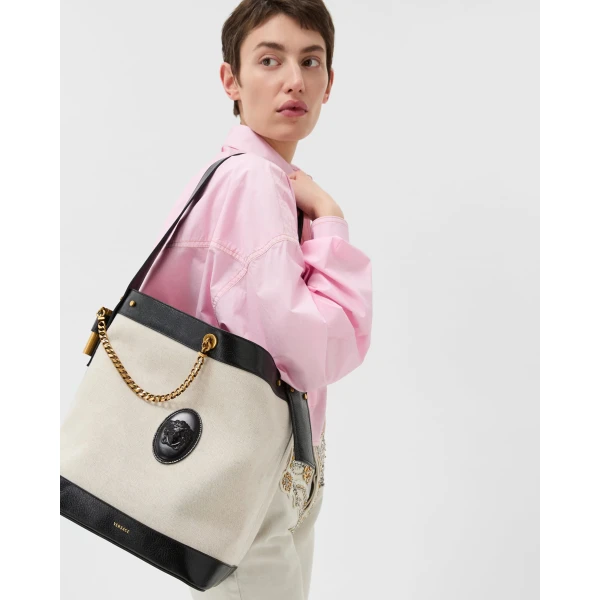 Versace Pivot Large Canvas Bucket Bag in Black and Beige, view 2 | Bucket Bags