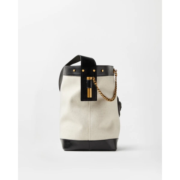 Versace Pivot Large Canvas Bucket Bag in Black and Beige, view 3 | Bucket Bags