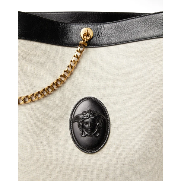 Versace Pivot Large Canvas Bucket Bag in Black and Beige, view 4 | Bucket Bags