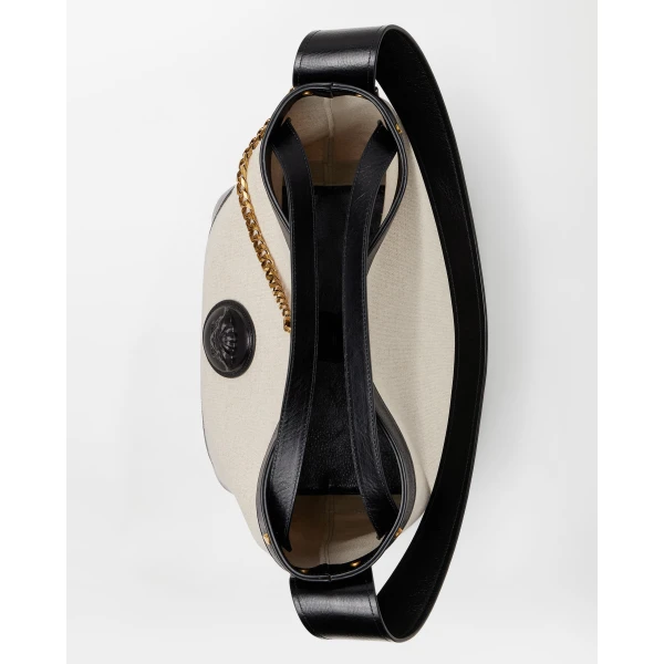 Versace Pivot Large Canvas Bucket Bag in Black and Beige, view 5 | Bucket Bags