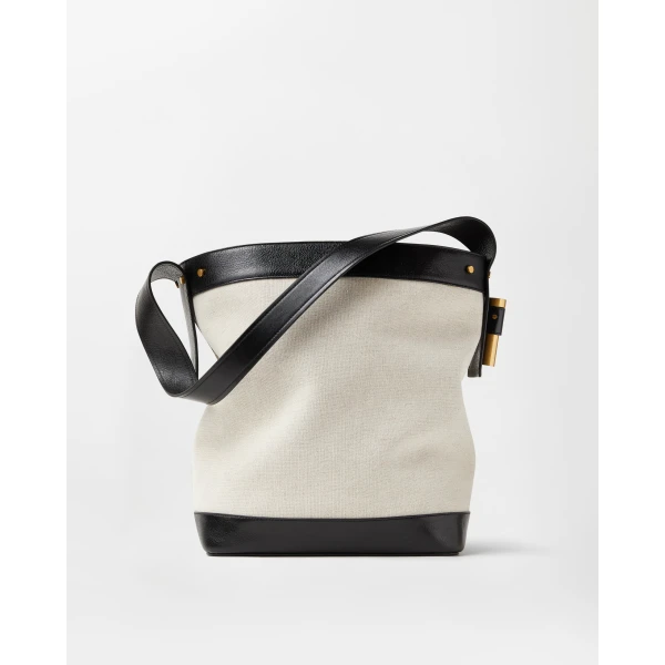 Versace Pivot Large Canvas Bucket Bag in Black and Beige, view 6 | Bucket Bags