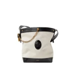 Versace Pivot Large Canvas Bucket Bag in Black and Beige | Bucket Bags | Coveti