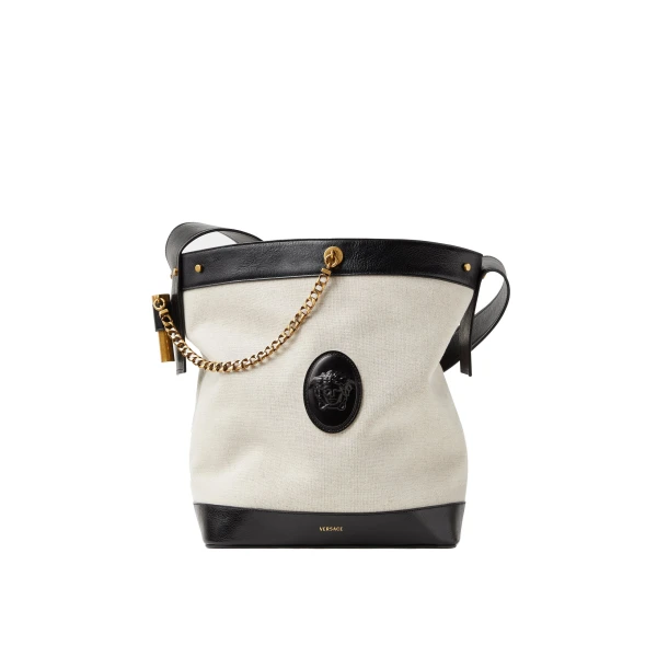 Versace Pivot Large Canvas Bucket Bag in Black and Beige | Bucket Bags | Coveti
