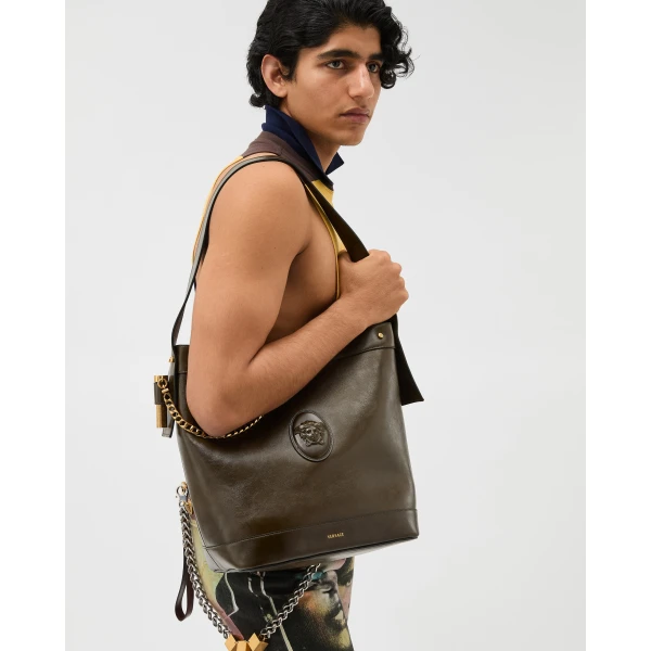 Versace Pivot Large Leather Bucket Bag in Green, view 2 | Bucket Bags