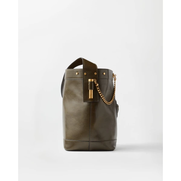 Versace Pivot Large Leather Bucket Bag in Green, view 3 | Bucket Bags