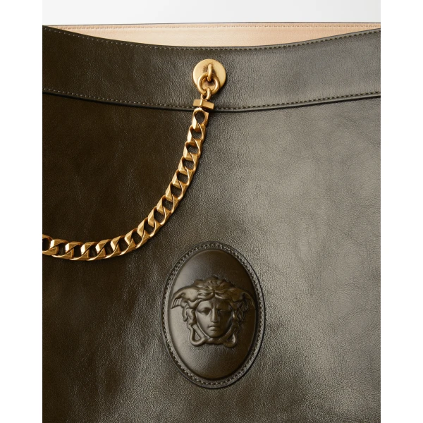 Versace Pivot Large Leather Bucket Bag in Green, view 4 | Bucket Bags
