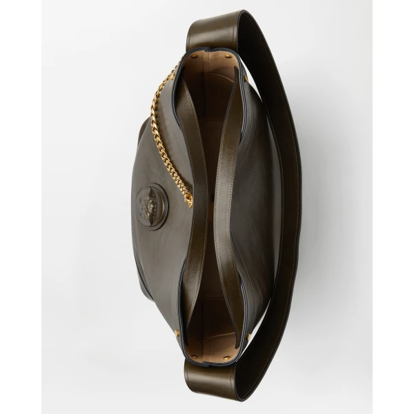 Versace Pivot Large Leather Bucket Bag in Green, view 5 | Bucket Bags