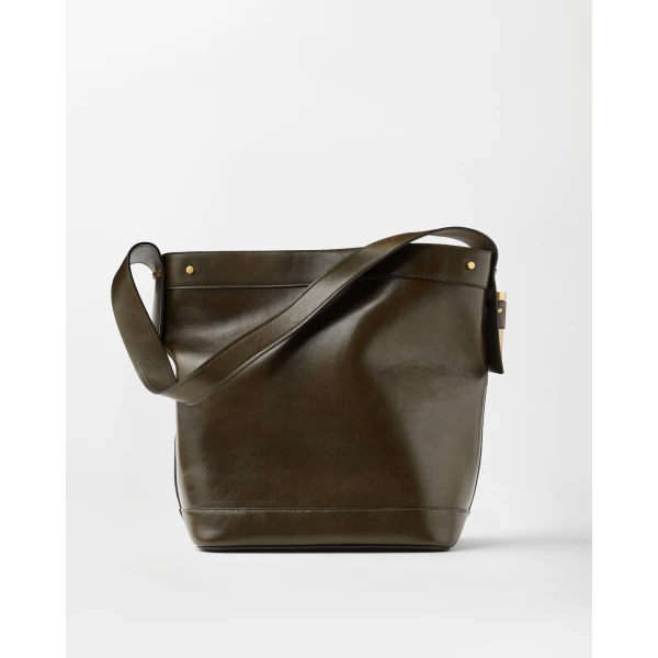 Versace Pivot Large Leather Bucket Bag in Green, view 6 | Bucket Bags