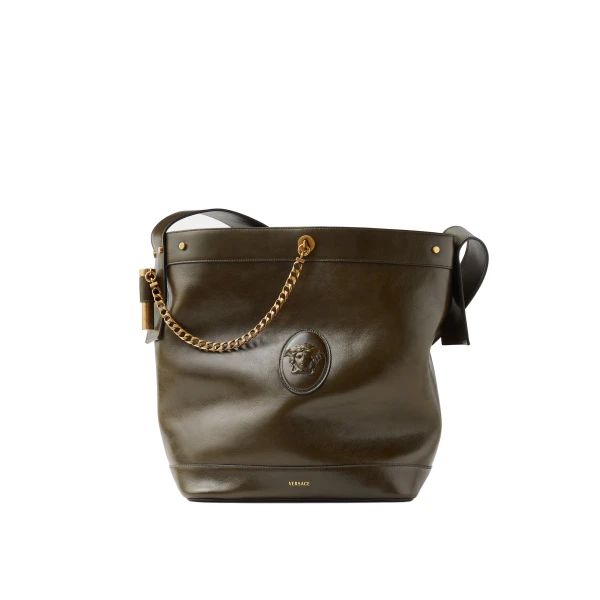 Versace Pivot Large Leather Bucket Bag in Green | Bucket Bags | Coveti