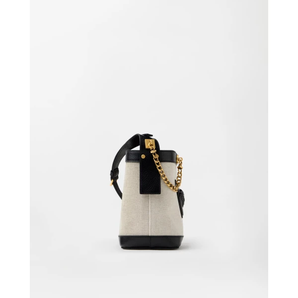 Versace Pivot Mini Canvas Bucket Bag in Black and Beige, view 2 | Bucket Bags