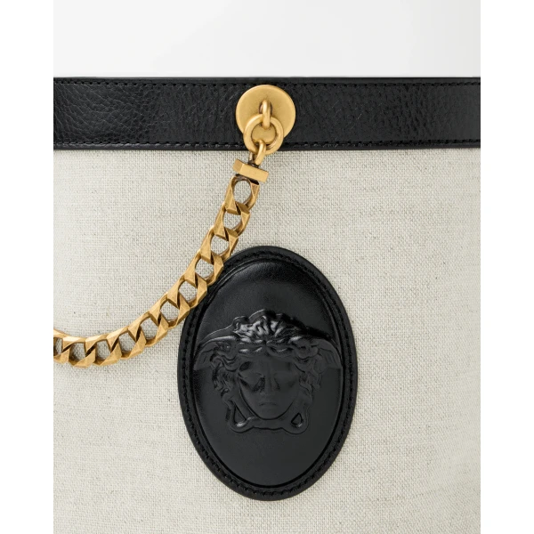 Versace Pivot Mini Canvas Bucket Bag in Black and Beige, view 3 | Bucket Bags