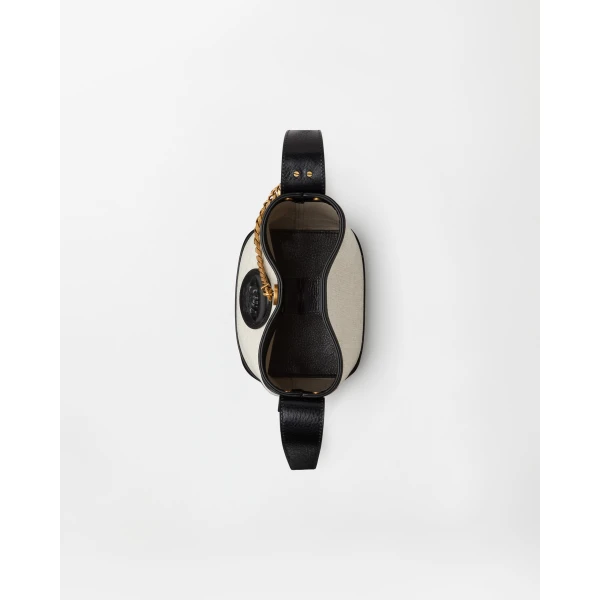 Versace Pivot Mini Canvas Bucket Bag in Black and Beige, view 4 | Bucket Bags