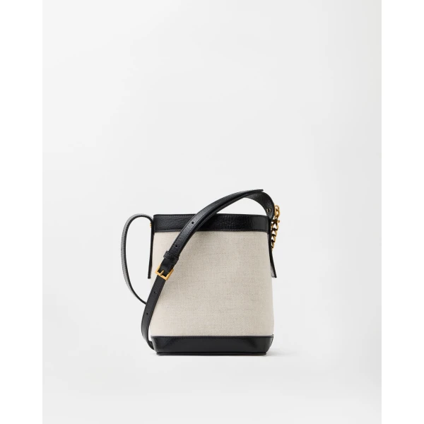 Versace Pivot Mini Canvas Bucket Bag in Black and Beige, view 5 | Bucket Bags