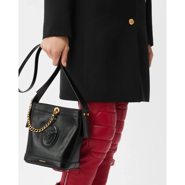 Versace Pivot Mini Leather Bucket Bag in Black, view 2 | Bucket Bags