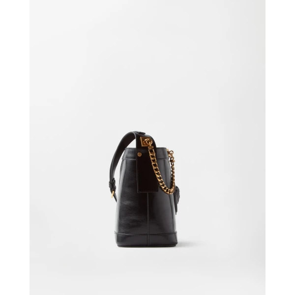 Versace Pivot Mini Leather Bucket Bag in Black, view 3 | Bucket Bags