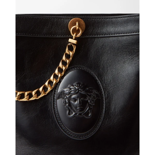 Versace Pivot Mini Leather Bucket Bag in Black, view 4 | Bucket Bags