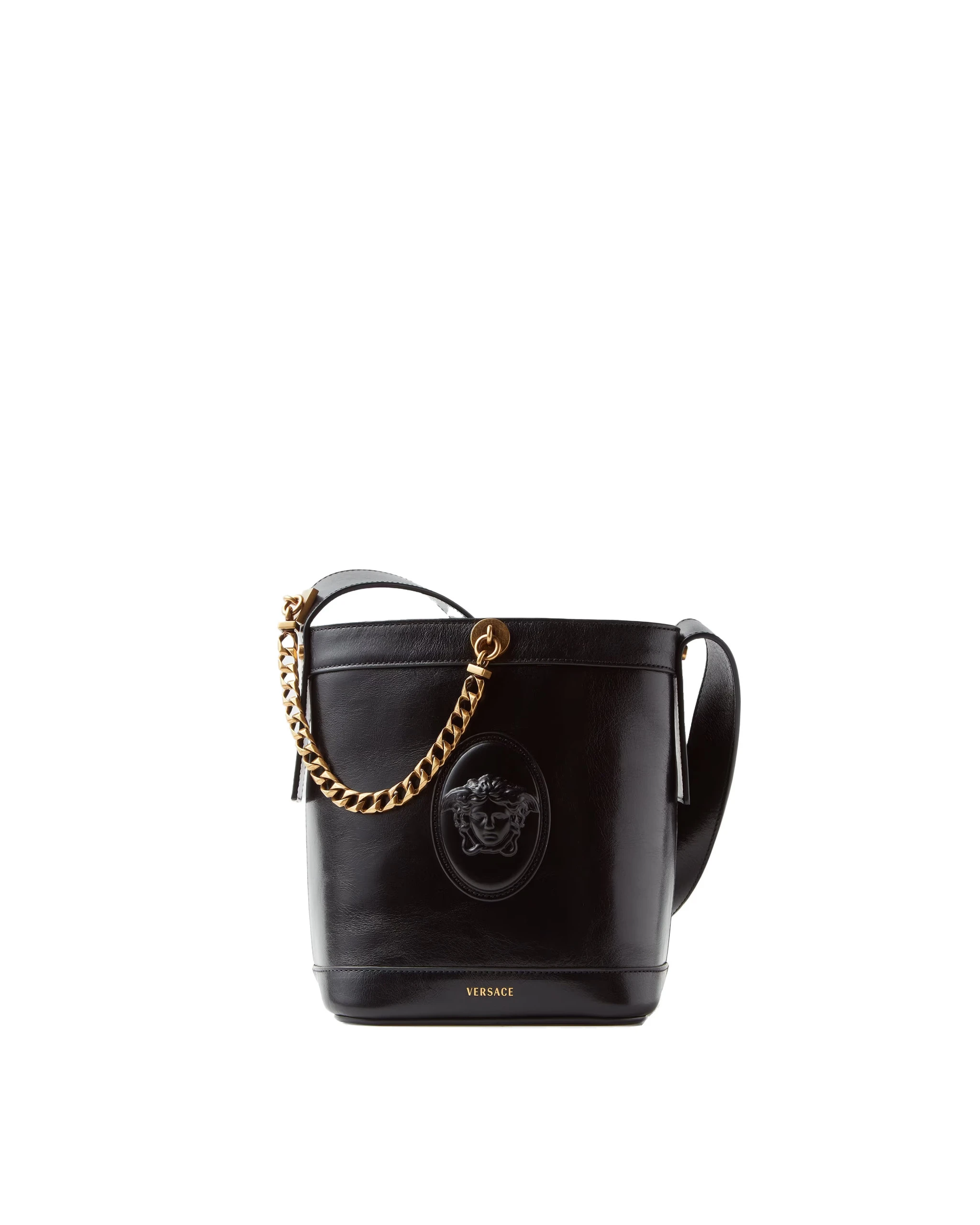 Versace Pivot Mini Leather Bucket Bag in Black Versace Pivot Mini Leather Bucket Bag in Black | Bucket Bags | Coveti