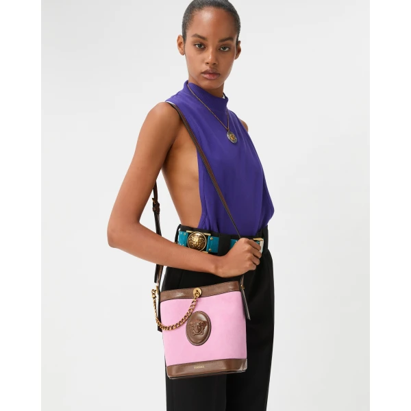 Versace Pivot Mini Suede Bucket Bag in Pink, view 2 | Bucket Bags