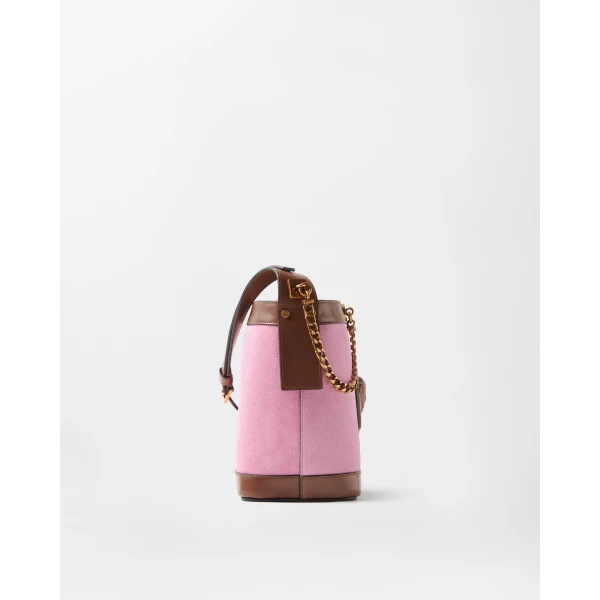 Versace Pivot Mini Suede Bucket Bag in Pink, view 3 | Bucket Bags
