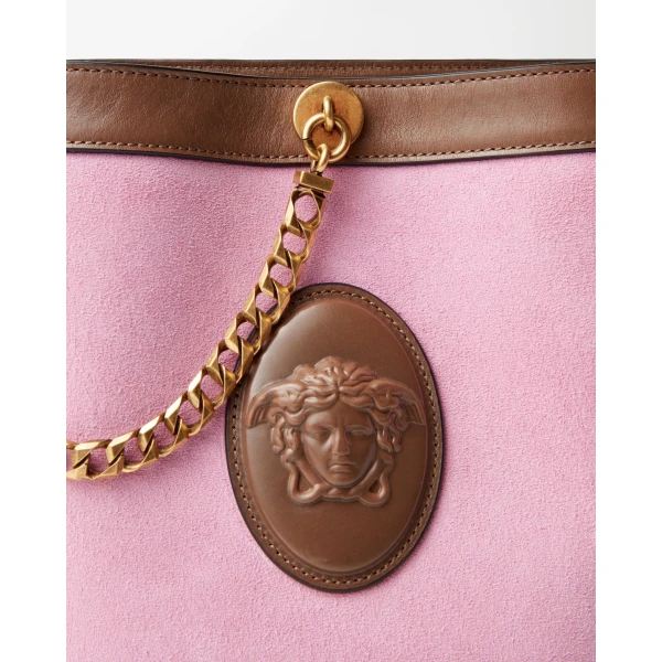 Versace Pivot Mini Suede Bucket Bag in Pink, view 4 | Bucket Bags