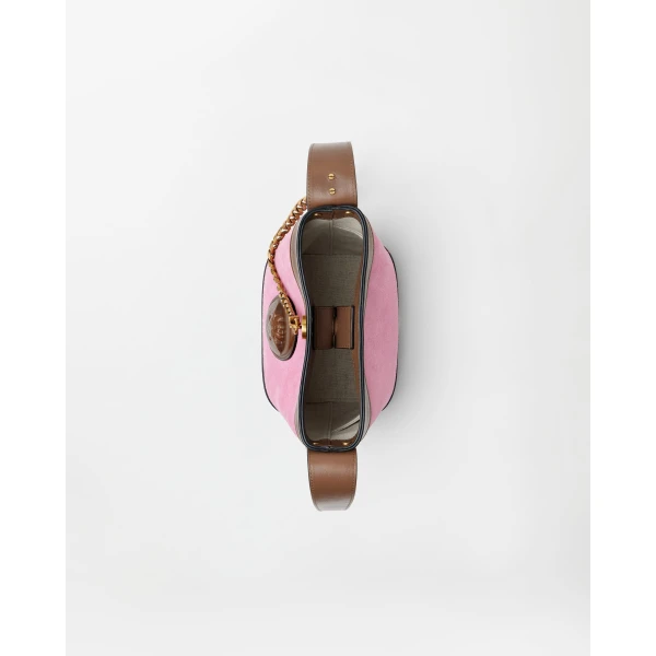 Versace Pivot Mini Suede Bucket Bag in Pink, view 5 | Bucket Bags