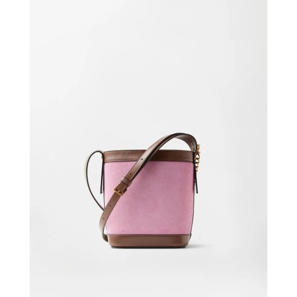 Versace Pivot Mini Suede Bucket Bag in Pink, view 6 | Bucket Bags