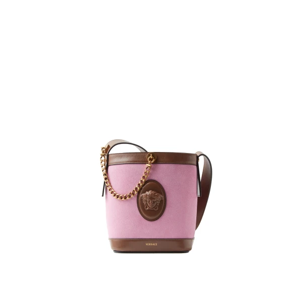 Versace Pivot Mini Suede Bucket Bag in Pink | Bucket Bags | Coveti