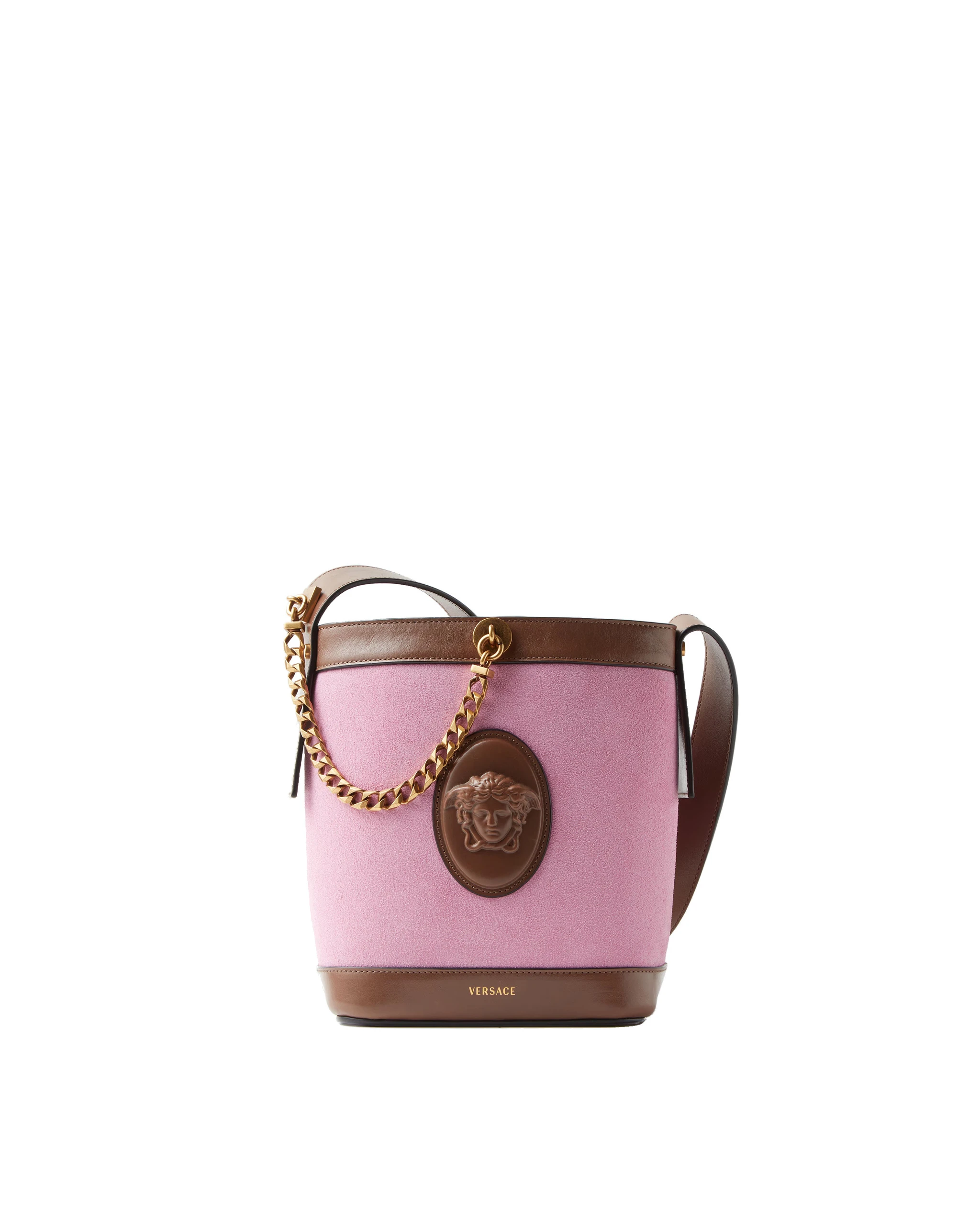 Versace Pivot Mini Suede Bucket Bag in Pink Versace Pivot Mini Suede Bucket Bag in Pink | Bucket Bags | Coveti