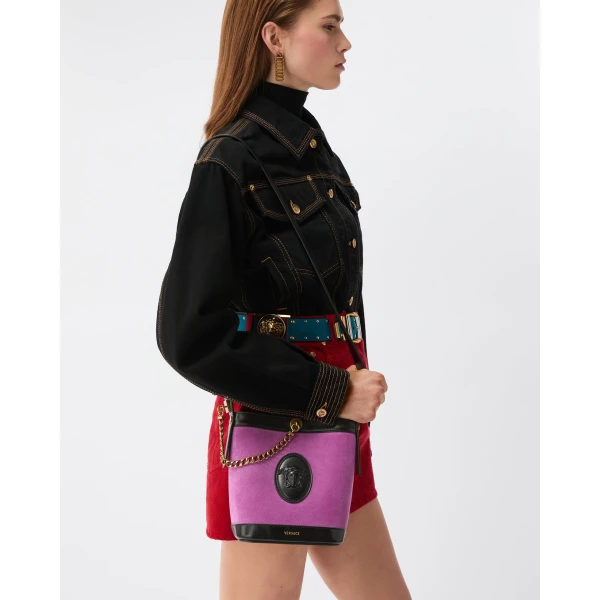Versace Pivot Mini Suede Bucket Bag in Purple, view 2 | Bucket Bags