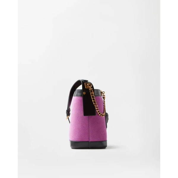 Versace Pivot Mini Suede Bucket Bag in Purple, view 3 | Bucket Bags