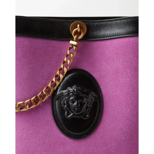 Versace Pivot Mini Suede Bucket Bag in Purple, view 4 | Bucket Bags