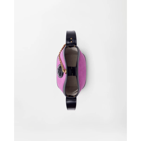 Versace Pivot Mini Suede Bucket Bag in Purple, view 5 | Bucket Bags