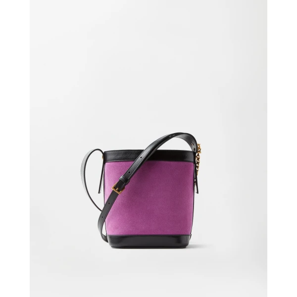 Versace Pivot Mini Suede Bucket Bag in Purple, view 6 | Bucket Bags
