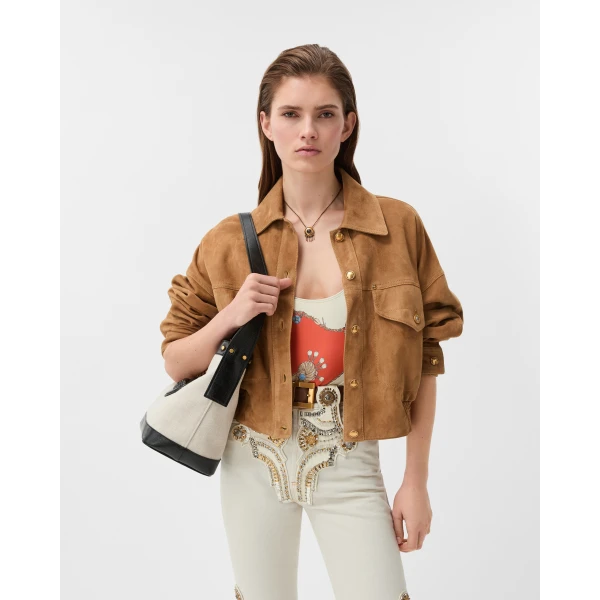 Versace Pivot Small Canvas Bucket Bag in Black and Beige, view 2 | Bucket Bags