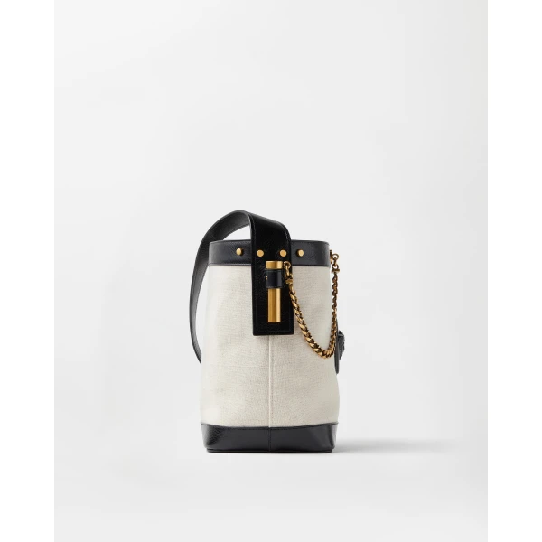 Versace Pivot Small Canvas Bucket Bag in Black and Beige, view 3 | Bucket Bags