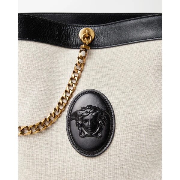 Versace Pivot Small Canvas Bucket Bag in Black and Beige, view 4 | Bucket Bags