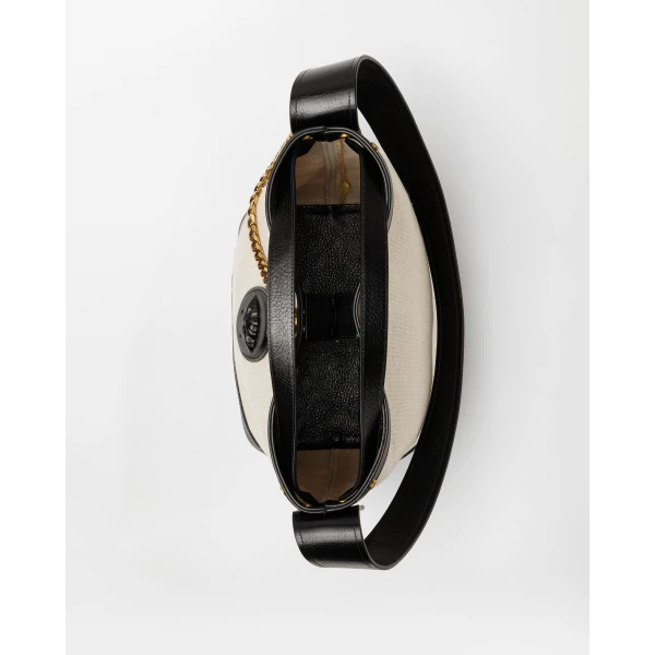 Versace Pivot Small Canvas Bucket Bag in Black and Beige, view 5 | Bucket Bags
