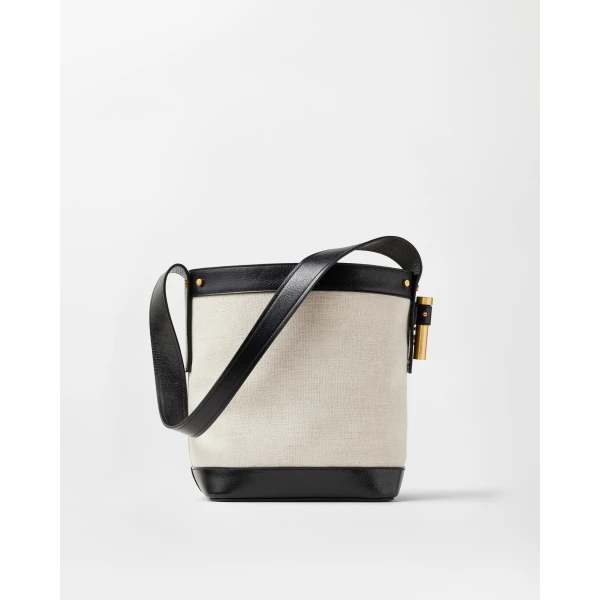 Versace Pivot Small Canvas Bucket Bag in Black and Beige, view 6 | Bucket Bags