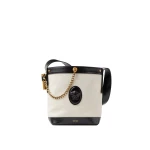 Versace Pivot Small Canvas Bucket Bag in Black and Beige | Bucket Bags | Coveti