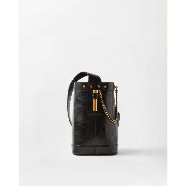 Versace Pivot Small Leather Bucket Bag in Black, view 3 | Bucket Bags