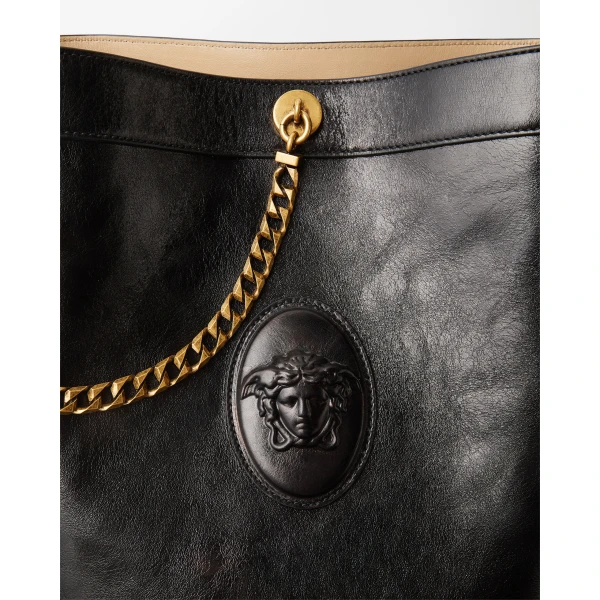 Versace Pivot Small Leather Bucket Bag in Black, view 4 | Bucket Bags