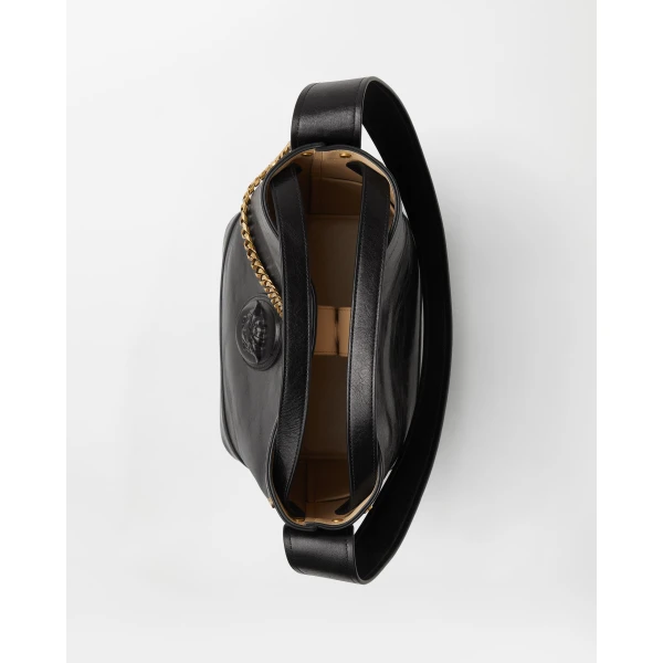 Versace Pivot Small Leather Bucket Bag in Black, view 5 | Bucket Bags
