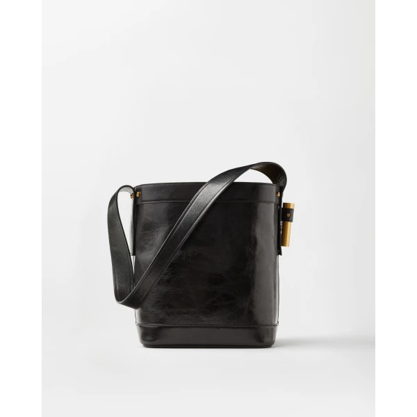 Versace Pivot Small Leather Bucket Bag in Black, view 6 | Bucket Bags