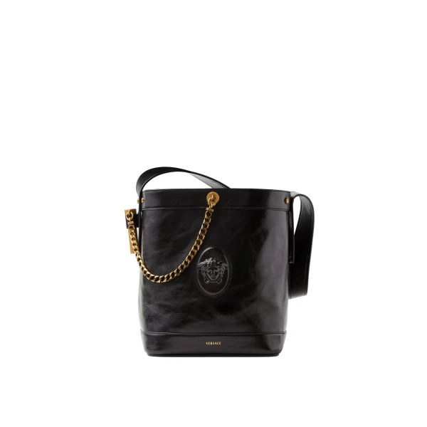 Pivot Small Leather Bucket Bag in Black