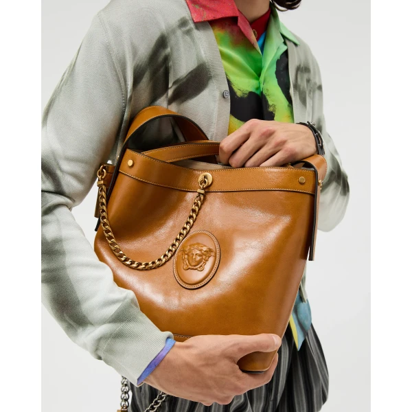 Versace Pivot Small Leather Bucket Bag in Brown, Ref. 1A17453, view 2 | Bucket Bags