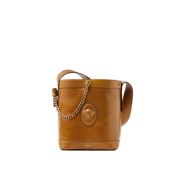 Versace Pivot Small Leather Bucket Bag in Brown, Ref. 1A17453 | Bucket Bags | Coveti